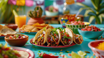 Fototapeta premium Vibrant Mexican Tacos with Lettuce, Salsa, and Cheese on Festive Background..