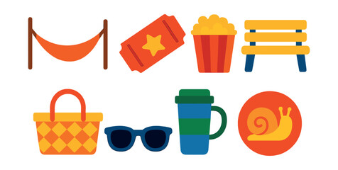 Flat vector icons of weekend leisure: hammock, movie ticket, popcorn bowl, park bench, picnic basket, sunglasses, travel mug, slow living badge.