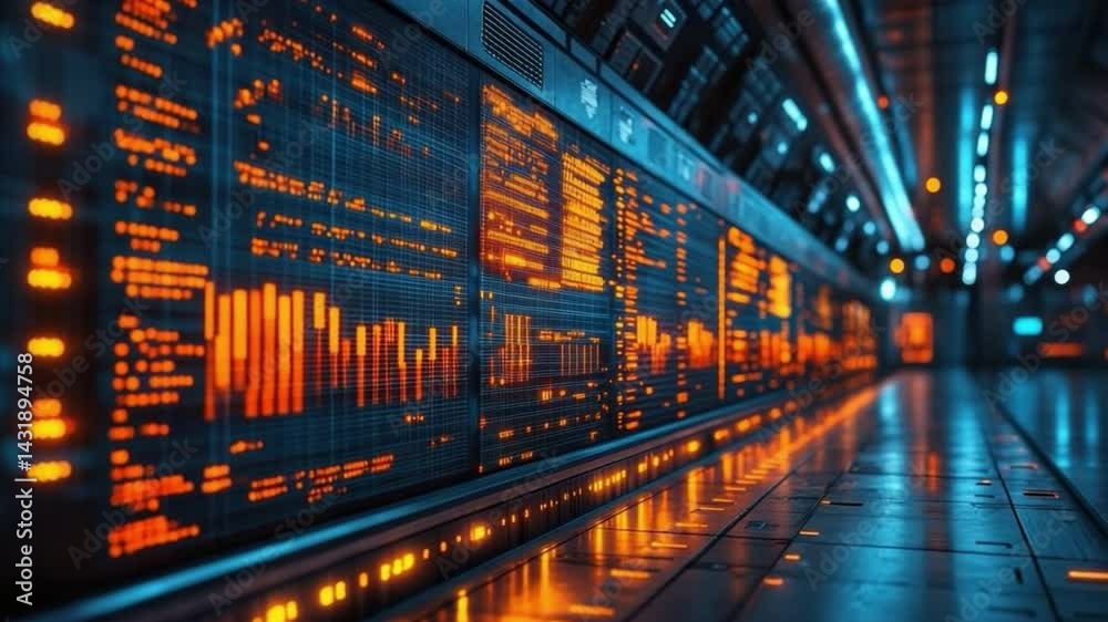 Poster Data Visualization in Server Room: A futuristic server room bathed in a cyberpunk aesthetic, featuring illuminated data streams.