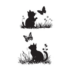 Cats Playing in Grass with Butterflies – Black and White Vector Scene