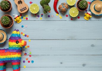 A vibrant composition showcasing Mexican party essentials with a colorful piñata and lively decorations.
