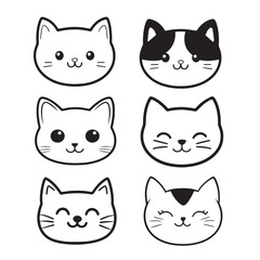 Cute Cartoon Cat Faces with Patterned Ears – Black and White Vector