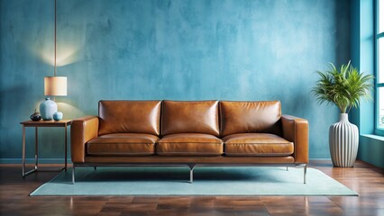 Stylish Brown Leather Sofa with Metal Legs against a Light Blue Wall - Candid Home Interior Photography