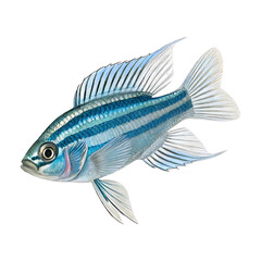 Scientific Illustration of Zebrafish with Iridescent Blue Stripes and Detailed Anatomical Features Isolated on White Background