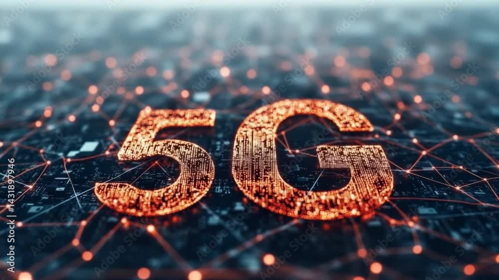 Poster 5G Technology: An eye-level view of 5G technology and network connectivity with intricate data lines, showcasing advanced communication.