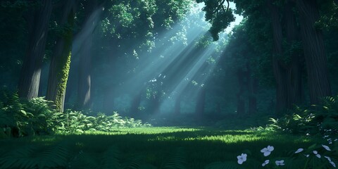 Fototapeta premium A Serene Forest Glistens with Sunbeams Filtering through Lush Canopy in Quiet Wilderness