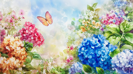 Obraz premium Elegant wedding invitation card background . Minimal hand painted watercolor Hydrangea flowers texture template background. Design for wedding, vip cover, poster, rsvp moderncard.Valentine's Day