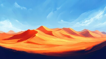 Naklejka premium Illustration shows desert landscape with sand dunes under a blue cloudy sky.