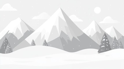 Illustration of snow covered mountains and trees in a winter landscape.