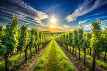 Naklejka premium Sun-Drenched Vineyard Rows, Blue Sky, Documentary Photography Style