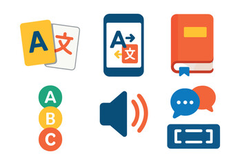Flat vector icons of foreign language study: flashcards, translation app, grammar book, word cloud, language levels, speaker icon, accent mark, subtitle symbol.