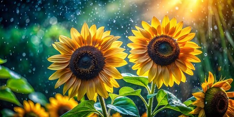 Sunflowers Blooming in Summer Rain, Vibrant Yellow Petals, Raindrops on Leaves, Close-up Food Photography
