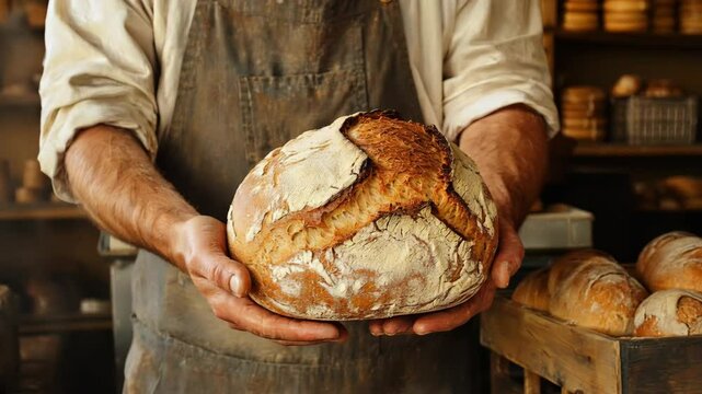 Rustic Artisan Bread Held by Baker in Apron with Warm Bakery Backdrop and Copy Space