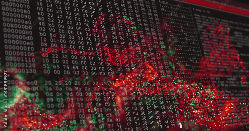 Poster digital virus cluster pulsating over scrolling hex code and binary code, with flat design pixels