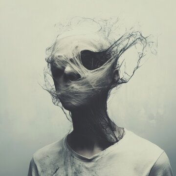 Creative stupor leads to abstract expression of thought and emotion in monochrome vector artwork