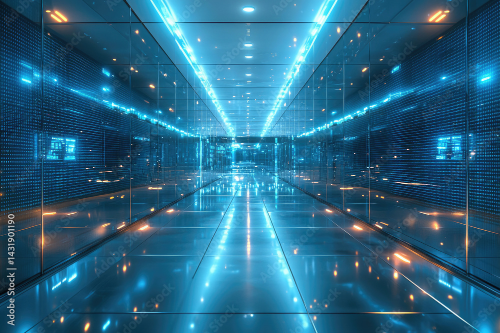Poster a futuristic, reflective corridor illuminated with vibrant blue and orange lights, creating a sense 