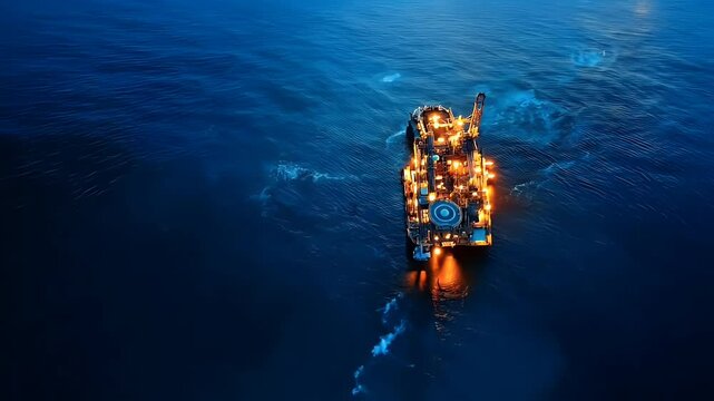 Offshore oil rig illuminated at night, floating on calm ocean waters under a dark sky.