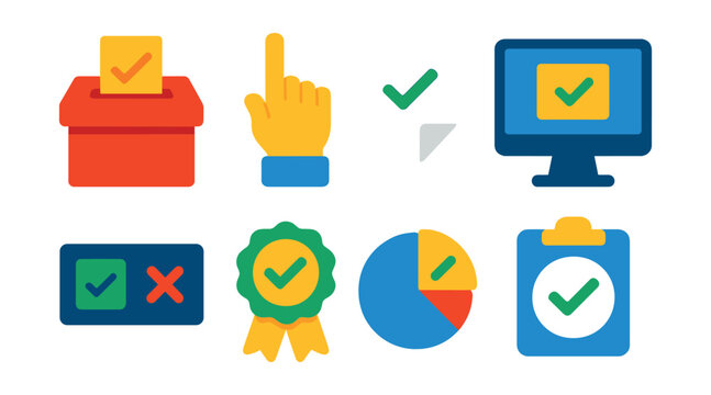 Flat vector icons of voting and decisions: ballot box, voting hand, checkmark on paper, online vote screen, decision panel, approval badge, voting results pie, vote confirmation icon.