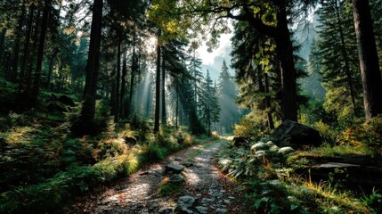 Obraz premium Discover the magical forest trail in Romania, sunbeams shining through ancient firs