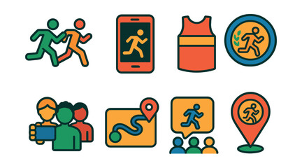 Flat vector icons of running communities: running group, virtual challenge, team jersey, running club logo, group selfie, shared route, running forum icon, event meetup pin.