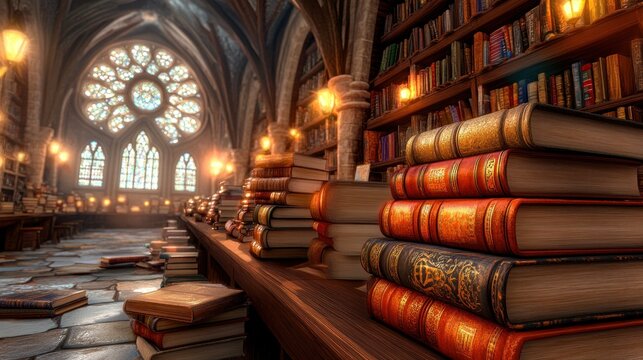 Ancient library, books, cathedral, sunlight, learning