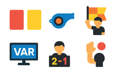 Flat vector icons of referee and judging: red card, yellow card, penalty whistle, offside flag, VAR screen, scoreboard operator, rulebook icon, foul indicator.