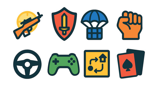 Flat vector icons of game genres in esports: FPS symbol, MOBA icon, battle royale badge, fighting game glove, racing wheel, sports game controller, RTS interface, card game deck.