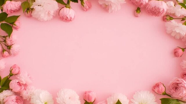Beautiful delicate floral frame with spring flowers and free space for text on a pink background with copy space for text.Greeting card concept, festive looped  animation,4K