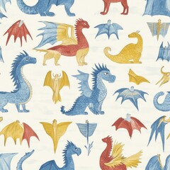 Fototapeta premium Charming Watercolor Dragons and Bats Pattern: Whimsical Fantasy Creature Textile Design