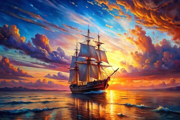 Obraz premium Sunset Seascape: Double Exposure Oil Painting of a Sailing Ship