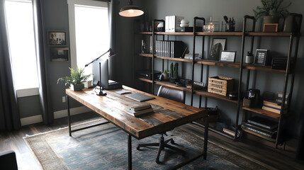Interior view of a home office with a wooden desk and shelves filled with decorative items and books