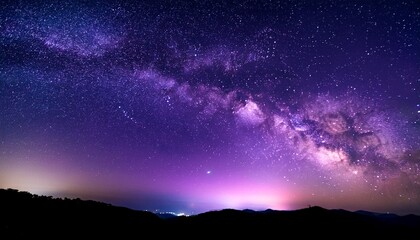 Fototapeta premium purple night sky half part milky way and star on dark background universe filled with stars nebula and galaxy with noise and grain photo by long exposure and select white balance