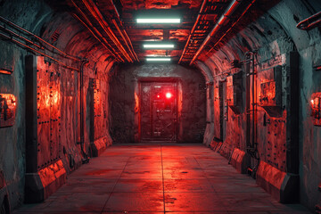 Eerie red-lit corridor in a derelict, metallic bunker; ominous and mysterious atmosphere.