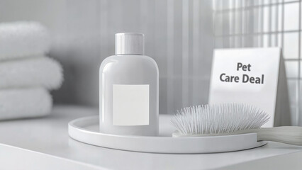 Pet products sale showcasing grooming essentials and a care deal on a minimalist bathroom shelf, mockup, toilletage