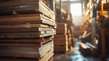 Obraz premium Stacked wooden planks in a warehouse