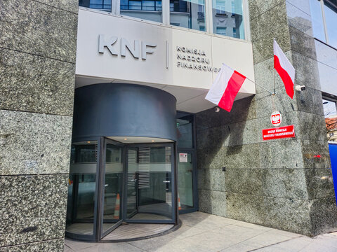 Warsaw, Poland - April 12, 2025: Entrance to Polish Financial Supervision Authority.