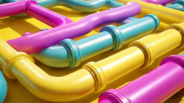 Abstract arrangement of colorful pipes in yellow, teal, and pink, interconnected and running in parallel, creating a vibrant and playful visual pattern