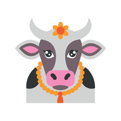 Holy Indian Cow Head Cartoon Floral Peaceful Decorated Sacred Portrait Flat