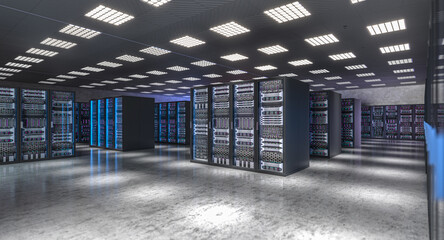 Multiple server racks emitting blue and purple light operating in dark server room