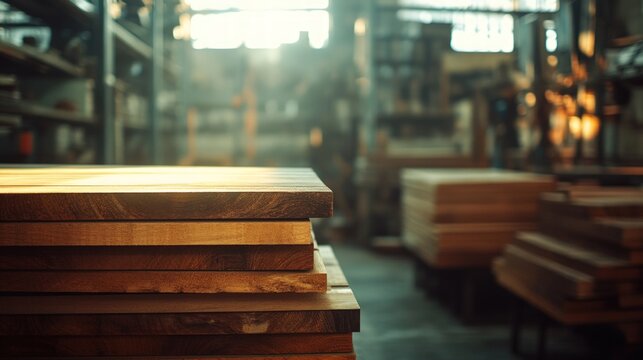 Wooden planks stacked in a workshop