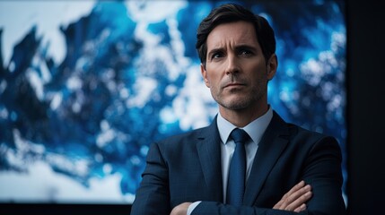 Tv weather forecast program scene featuring a professional presenter in a modern studio environment