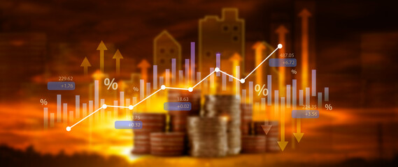 Fund investment concept, Interest rate, percentage and arrow investment on coin instead of return return index fund and mutual fund return long term investment retirement fund