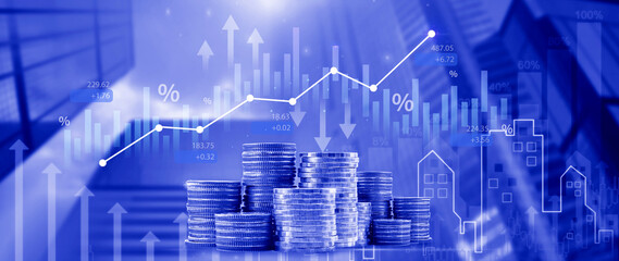 Fund investment concept, Interest rate, percentage and arrow investment on coin instead of return return index fund and mutual fund return long term investment retirement fund