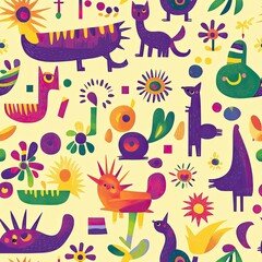 Obraz premium Whimsical Creatures and Floral Designs: A Joyful Abstract Pattern