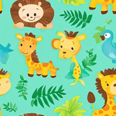 Adorable Jungle Animals Cartoon Seamless Pattern: Giraffes, Lion, Parrot, Tropical Leaves on Teal Background