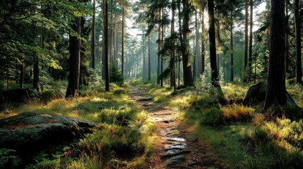 Obraz premium Explore a minimalist Scandinavian pine forest trail with tall trunks and soft shadows