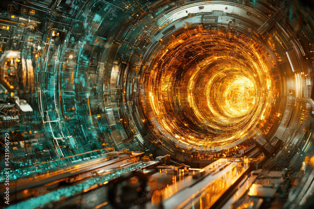 Poster a futuristic, glowing tunnel of intricate circuitry and digital data streams, radiating vibrant oran