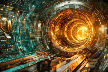 A futuristic, glowing tunnel of intricate circuitry and digital data streams, radiating vibrant orange and teal.