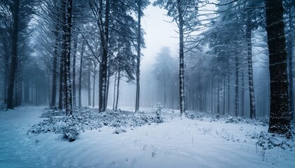 Fototapeta premium foggy winter forest with snow covered ground