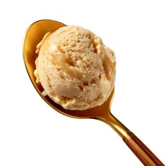 A single scoop of vanilla ice cream on a silver spoon, isolated on a clean white background